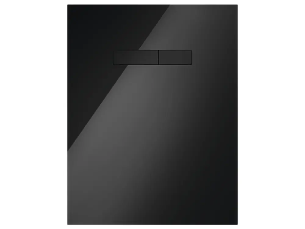 Schwarze Glasplatte von TECE mit zwei Tasten in schwarz. Die Oberfläche ist glatt und reflektierend. Es handelt sich um eine manuelle Betätigungsglasplatte.